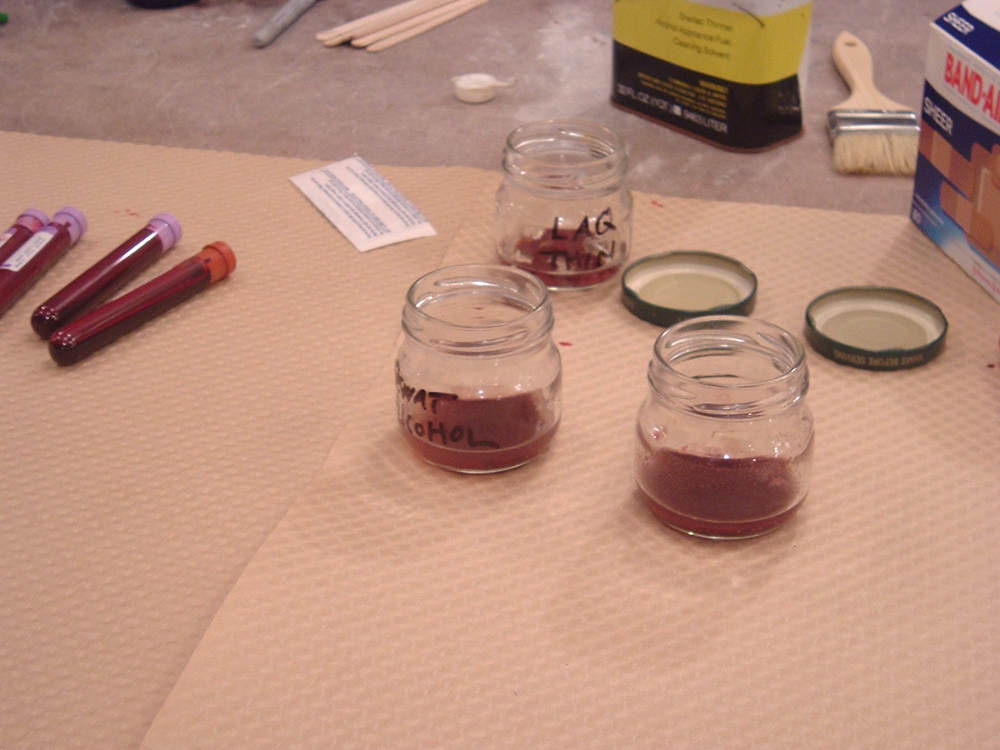 Shell Game. 2005. Artist’s blood, lead, resin. 68 x 120 x 48" (dimensions variable). Experimenting with binders and blood. Darrin Hallowell