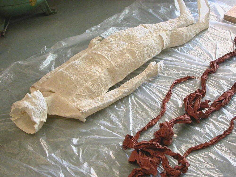 Ariadne’s Clew. 2007. Muslin, resin, thread, iron oxide, stainless steel. 108 x 73 x 108" (dimensions variable). Iron oxide soaked muslin with figure. Darrin Hallowell