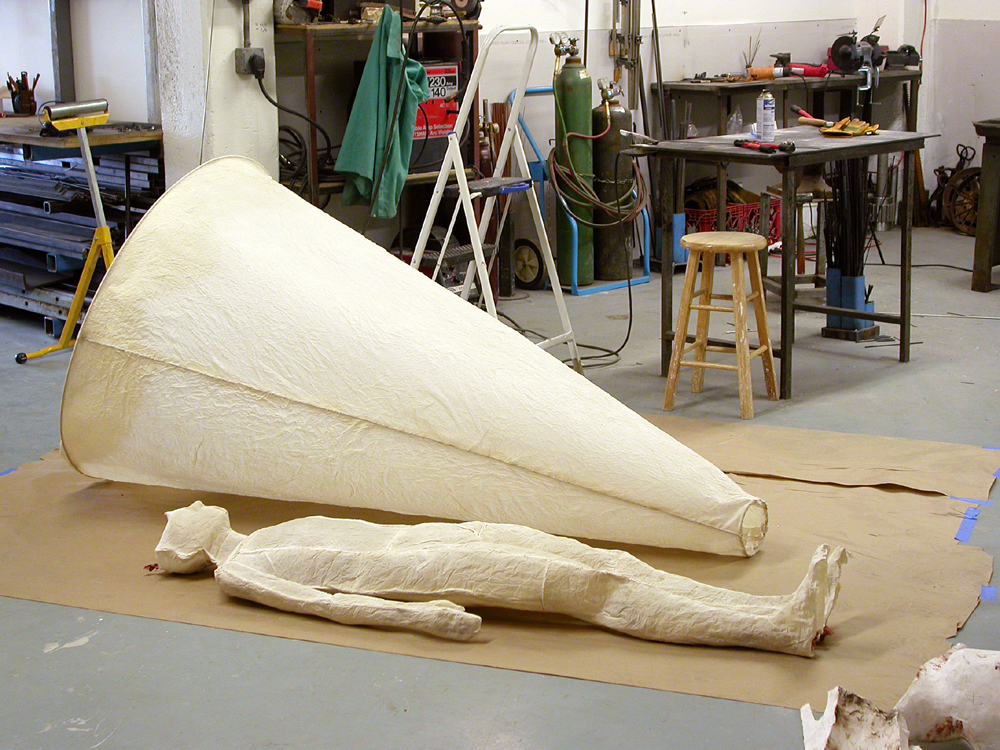 Ariadne’s Clew. 2007. Muslin, resin, thread, iron oxide, stainless steel. 108 x 73 x 108" (dimensions variable). Assembled figure and funnel elements. Darrin Hallowell