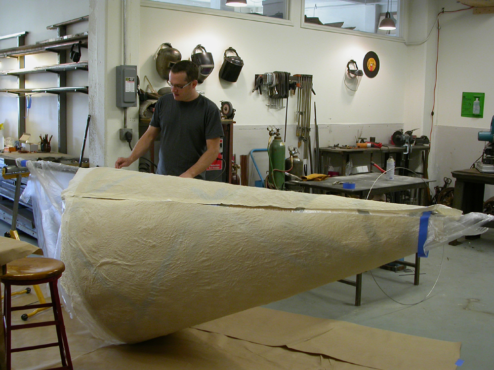 Ariadne’s Clew. 2007. Muslin, resin, thread, iron oxide, stainless steel. 108 x 73 x 108" (dimensions variable). Working on funnel element. Darrin Hallowell