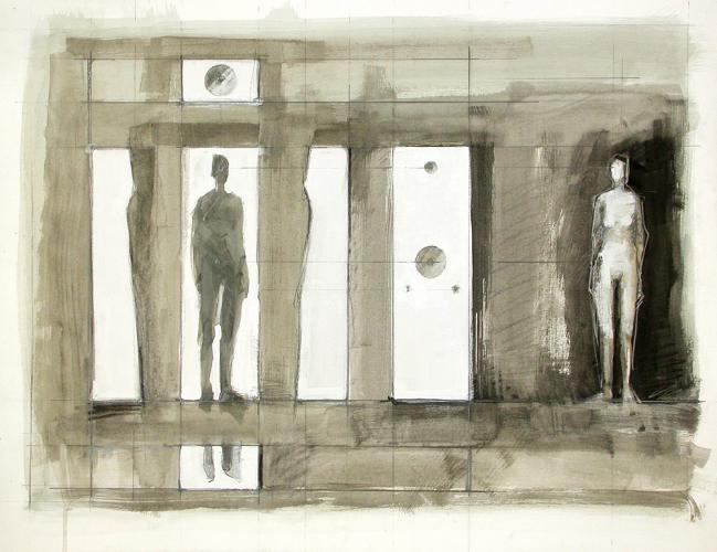 Untitled (Points of Influence Preliminary Drawing 2). 2007. Guache, charcoal and pencil. 17 x 22". Darrin Hallowell