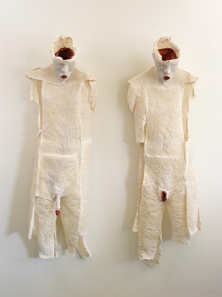 His and Hers. 2007. Detail 1. Muslin, resin, thread, iron oxide. Each 39 x 17 x 12" (dimensions variable). Darrin Hallowell
